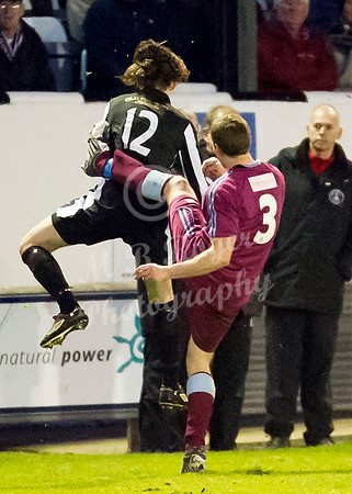 Highland League (SHFL) football match Wick Academy FC and Keith FC played at Harmsworth Park Wick home of the Scorries.  A high foot by Keith's Mark Wood catches Wick's Shaun Sinclair