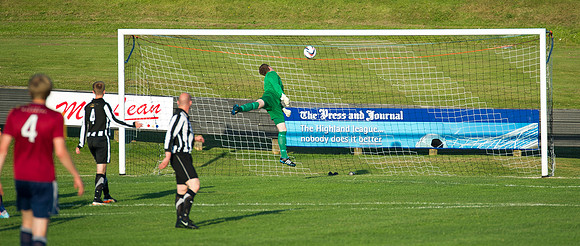 Friendly pre-season match between Wick Academy and Livingstone played at Harmsworth Park home of Highland League team Wick Academy. Wick goalkeeper Michael Gray watches the ball fly past him