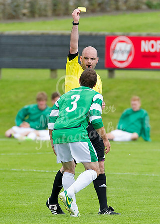Buckie's Iain MacRae being booked by Referee Graham Elder