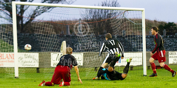 Wick 2 v Inverurie 2  SHFL 23/11/2013<br/>Ross Allan watches his shot hit the back of the net for Wick's second goal